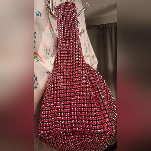 NWT Madison West Hot Pink Rhinestone Club Prom Knit Dumpling Purse Mini Bag - Picture 9 of 14